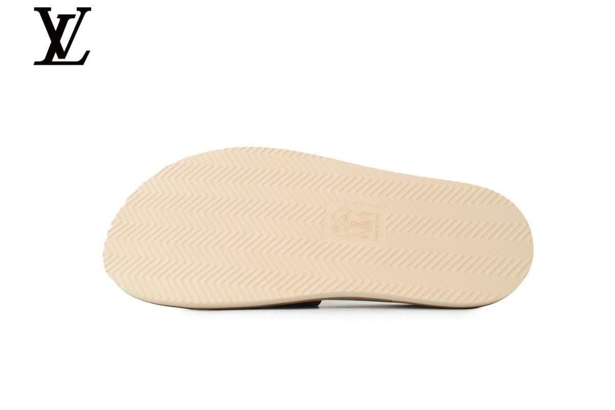 Louis Vuitton Single Strap Slide Sandal – Tan Suede Leather & Beige Footbed
