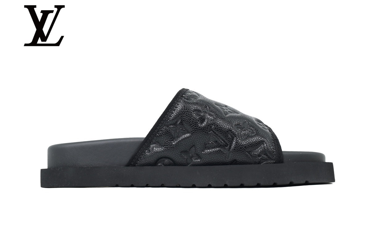 Black Monogram-Pattern Leather-Look Slides | Sizes 35–46