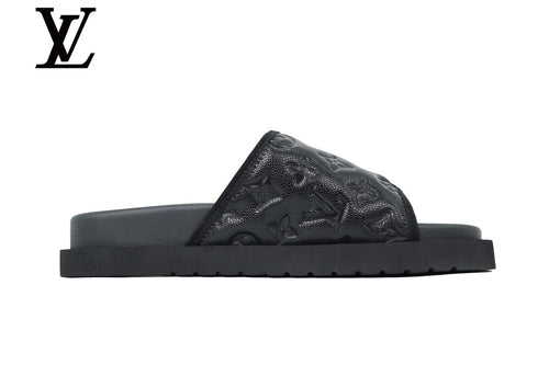 Black Monogram-Pattern Leather-Look Slides | Sizes 35–46