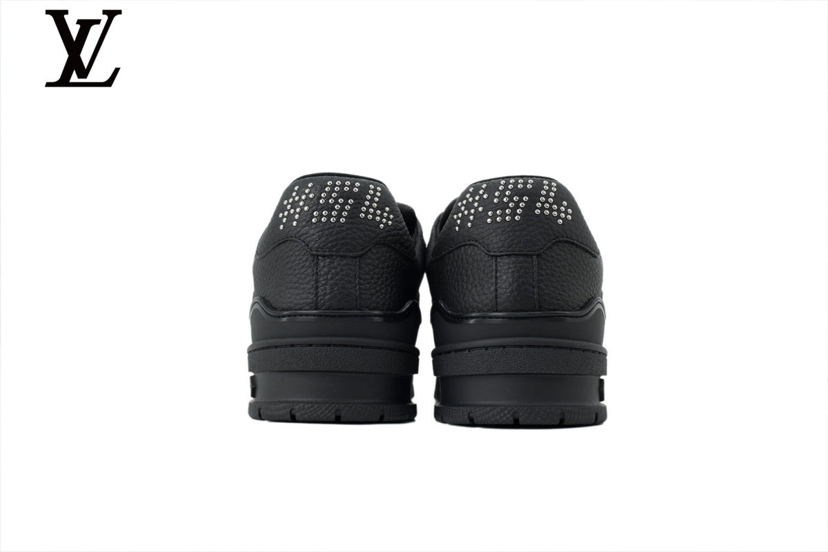 Louis Vuitton Trainer Sneaker – All-Black Leather with Rhinestone Embellishment