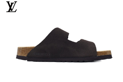 Birkenstock Slide Sandal in Dark Coffee Suede with Double Buckle and Cork Footbed