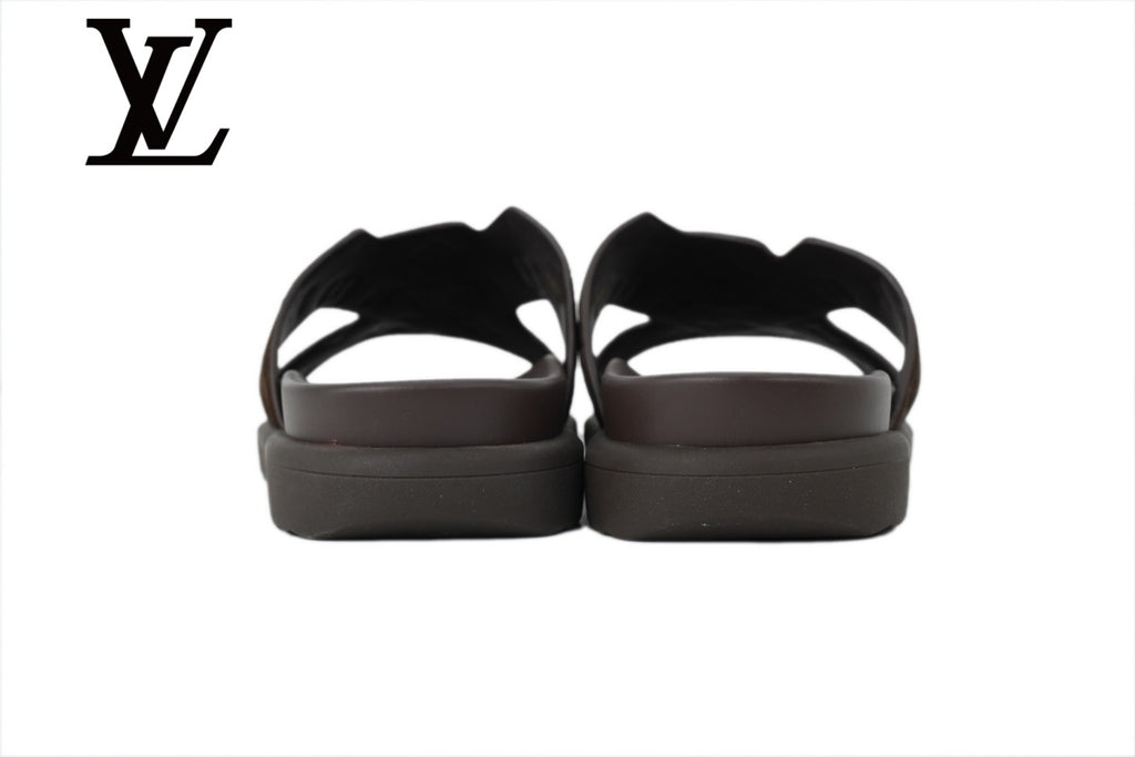Dark Brown Monogram-Pattern Slide Sandals | Sizes 38–46