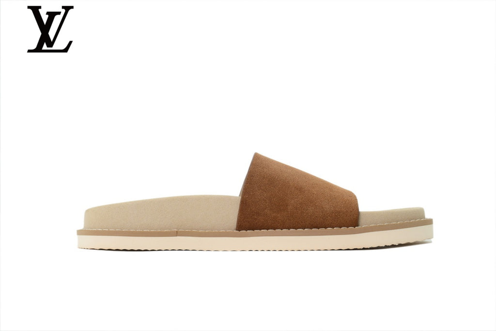 Louis Vuitton Single Strap Slide Sandal – Tan Suede Leather & Beige Footbed