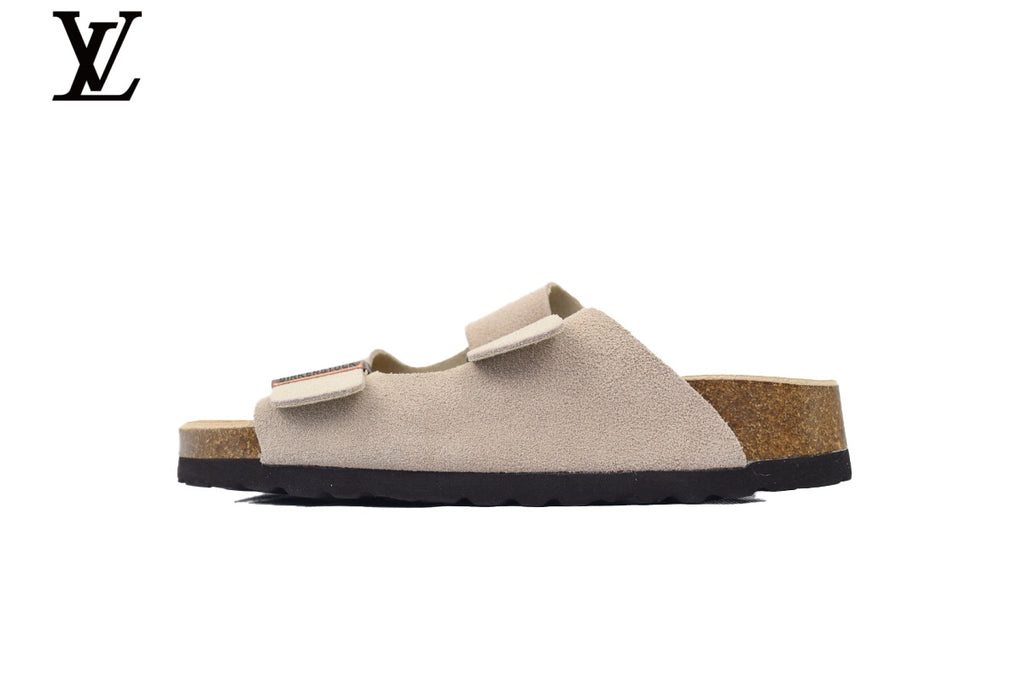 Birkenstock Slide Sandal in Off-White Suede with Double Buckle and Cork Footbed