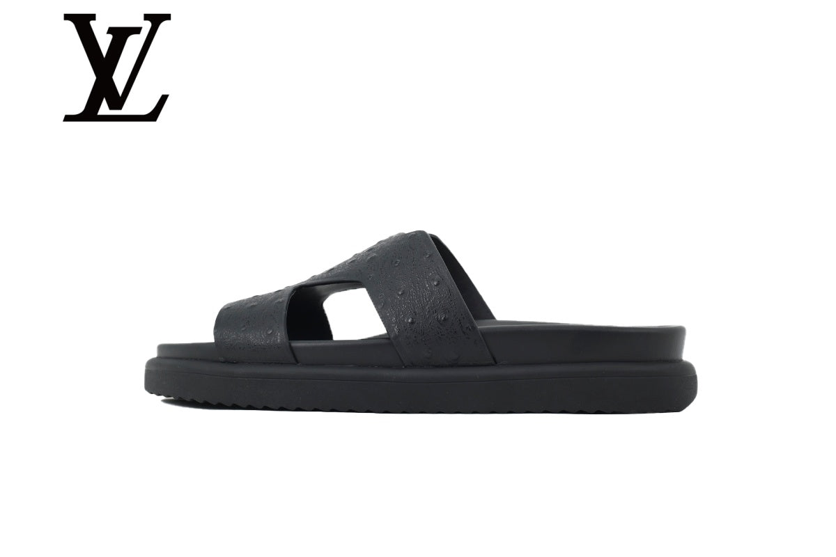 Black Ostrich-Print Slide Sandals | Sizes 38–46