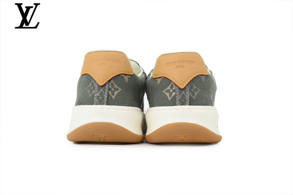 Louis Vuitton Low Top Sneaker in Olive Monogram Canvas with White Leather Trim and Gum Sole