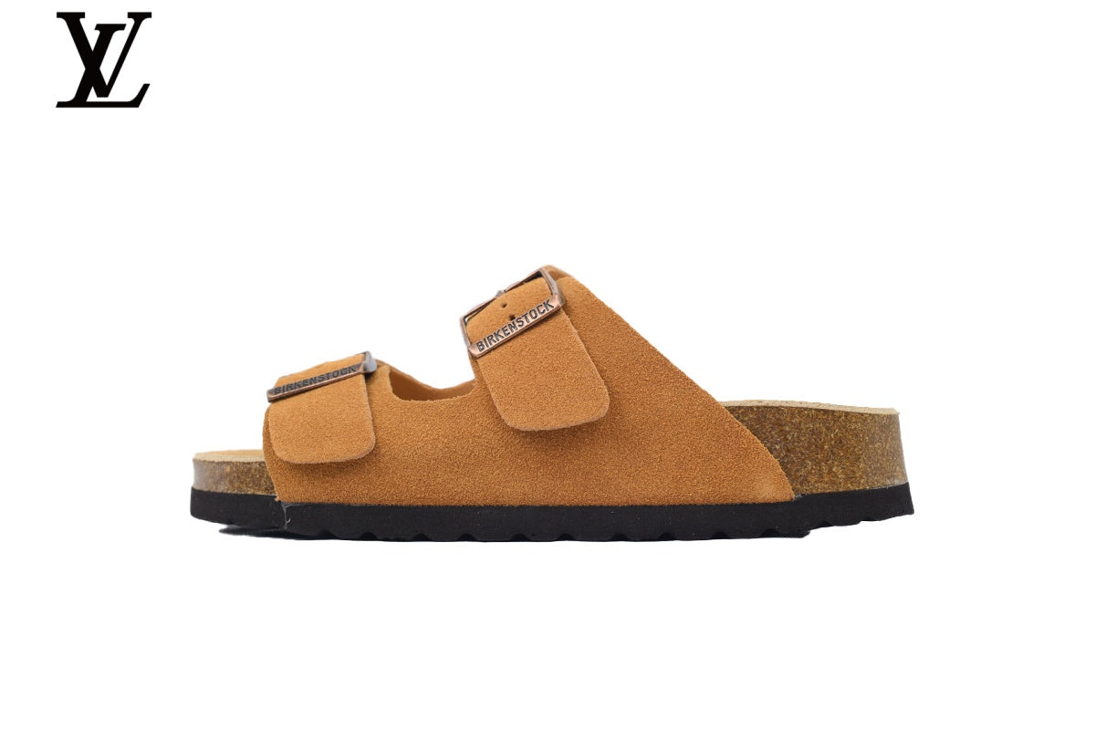 Birkenstock Slide Sandal in Tan Suede with Double Buckle and Cork Footbed