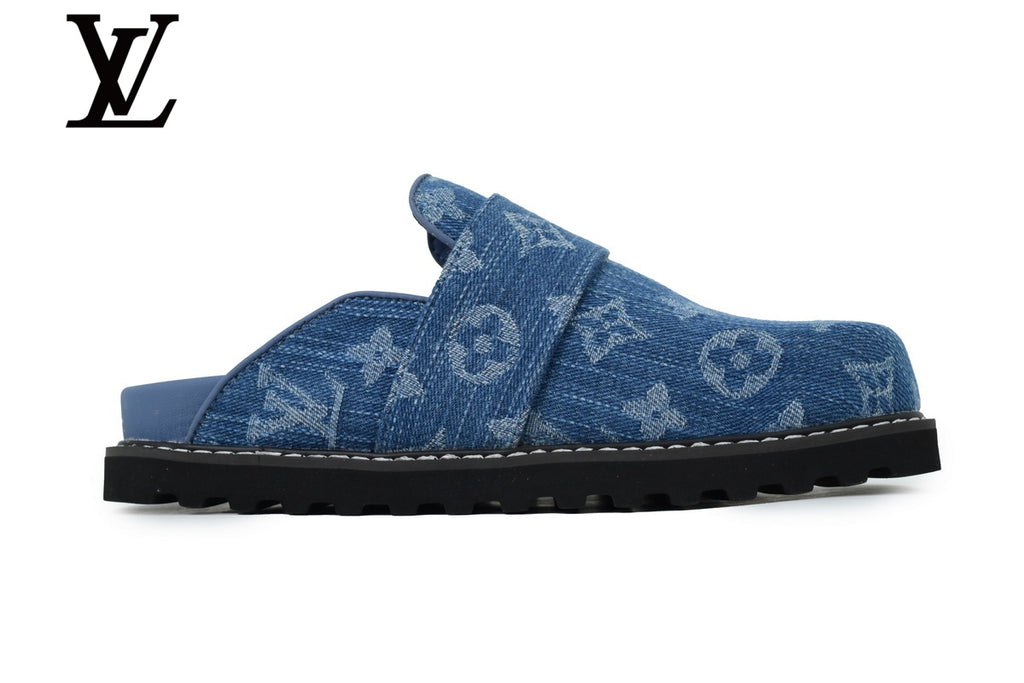 Blue Monogram-Pattern Denim Mules | Sizes 35–46