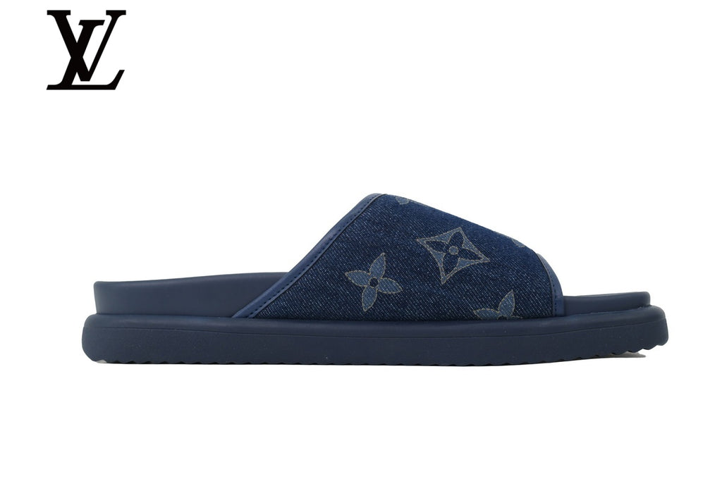 Navy Blue Monogram-Pattern Denim-Look Slides | Sizes 35–46