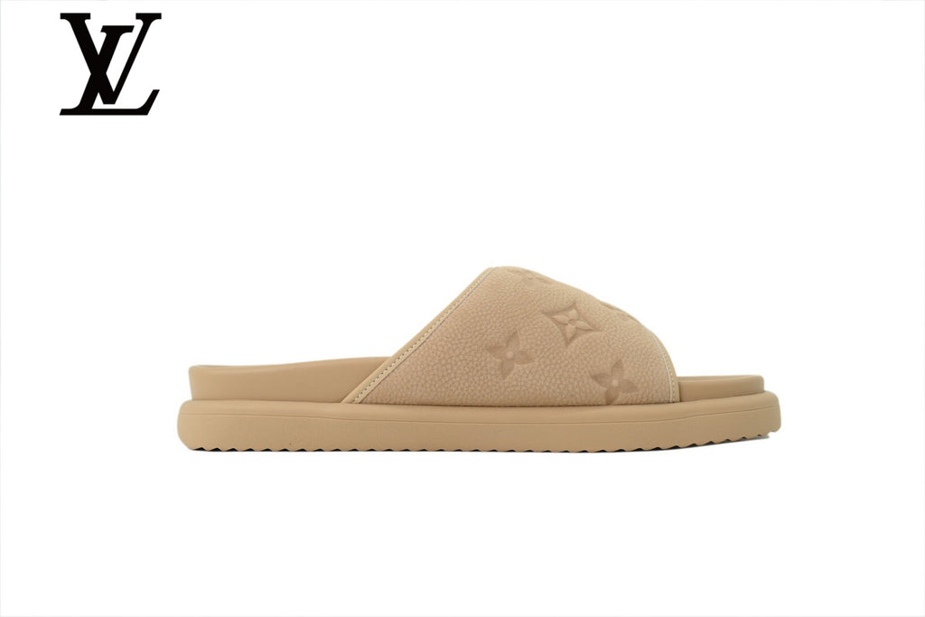 Beige Monogram-Pattern Nubuck-Look Slides | Sizes 35–46