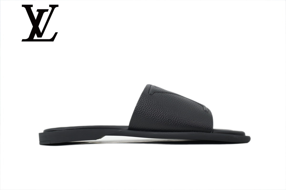 Black Grained Leather-Look Slide Sandals | Sizes 38–46