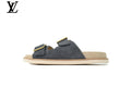 Louis Vuitton Slide Sandal in Grey-Blue Suede with Double Gold Buckle