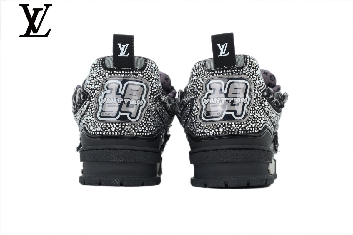 Louis Vuitton Trainer Sneaker – Black Mesh with Rhinestone Embellishment