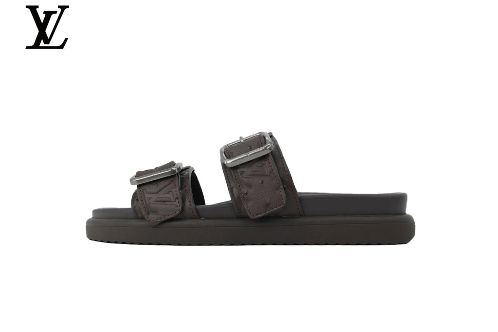 Louis Vuitton Monogram Slide Sandal in Dark Brown with Silver Buckle and Double Strap