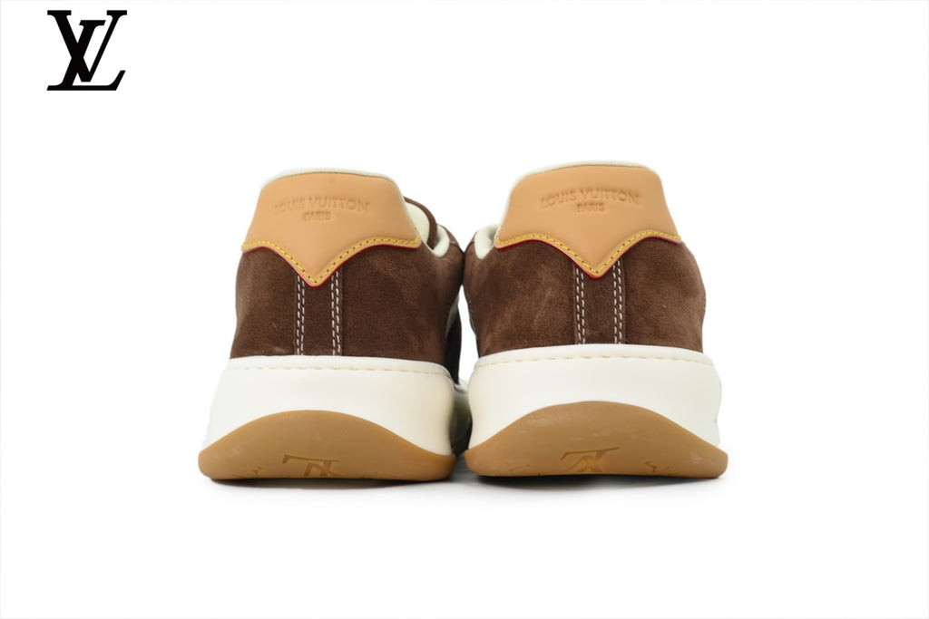Louis Vuitton Low Top Sneaker in Brown Suede with White Leather Trim and Gum Sole