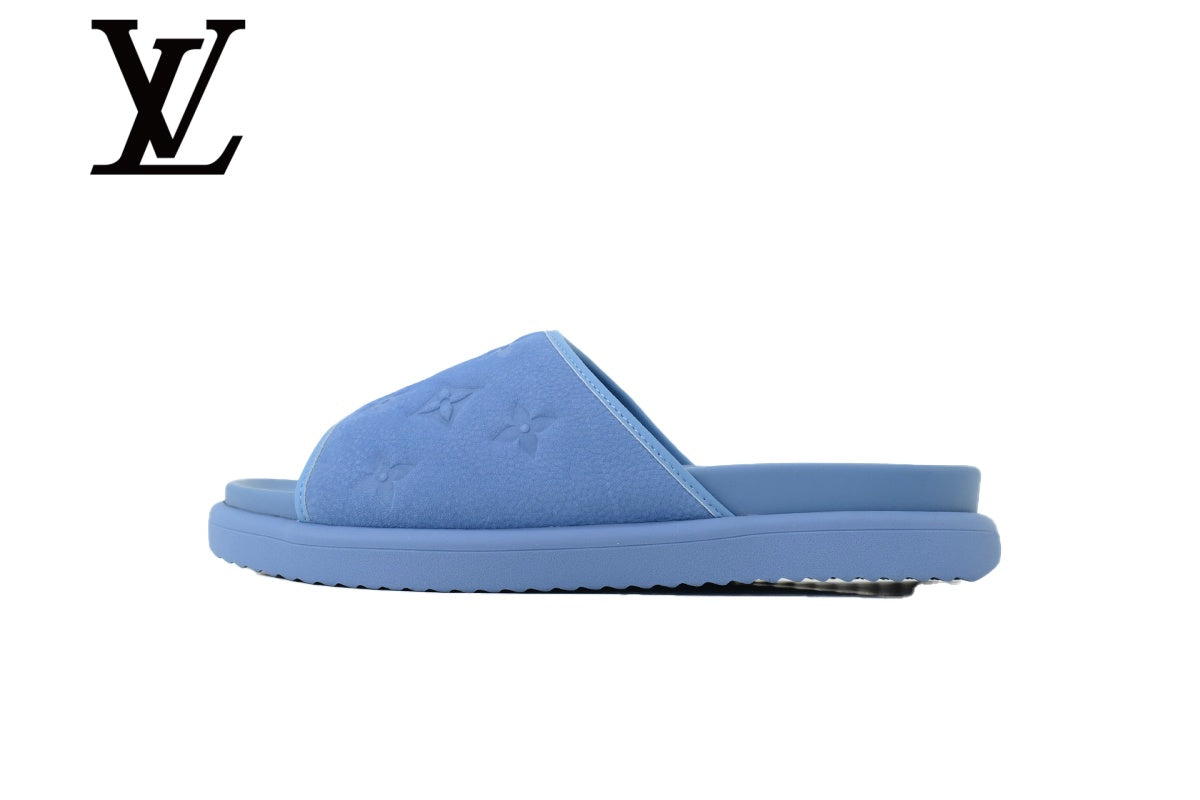 Light Blue Monogram-Pattern Slide Sandals | Sizes 38–46