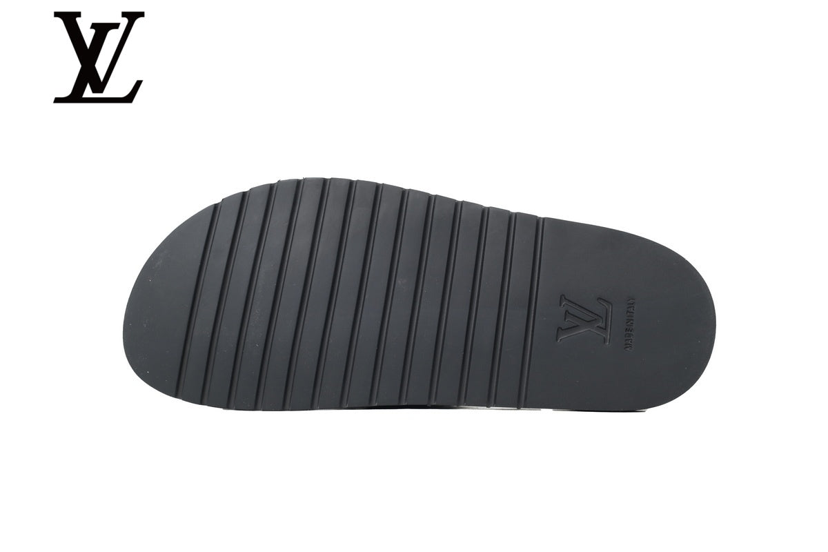 Black Monogram-Pattern Leather-Look Slides | Sizes 35–46