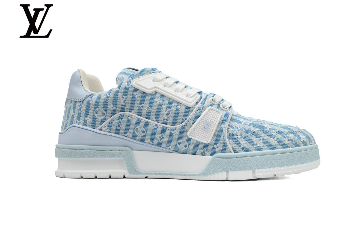 Louis Vuitton Trainer Sneaker – Striped Monogram Denim in Light Blue