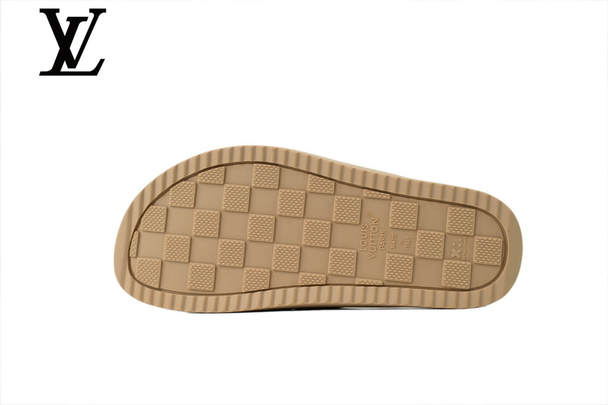 Beige Monogram-Pattern Nubuck-Look Slides | Sizes 35–46