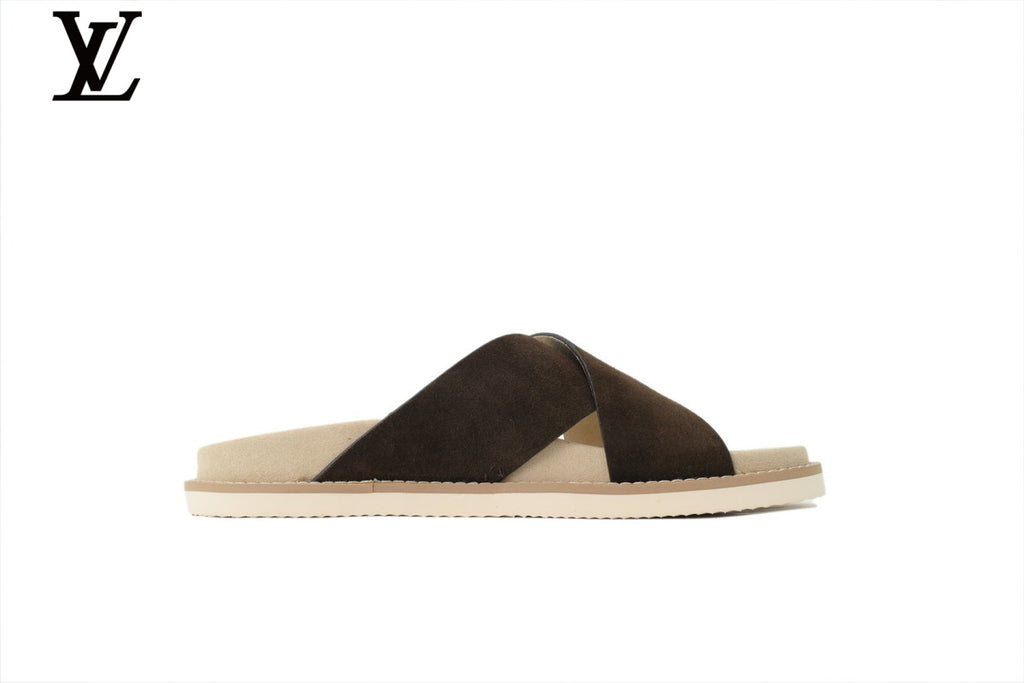 Louis Vuitton Slide Sandal in Dark Brown Suede with Cross Strap
