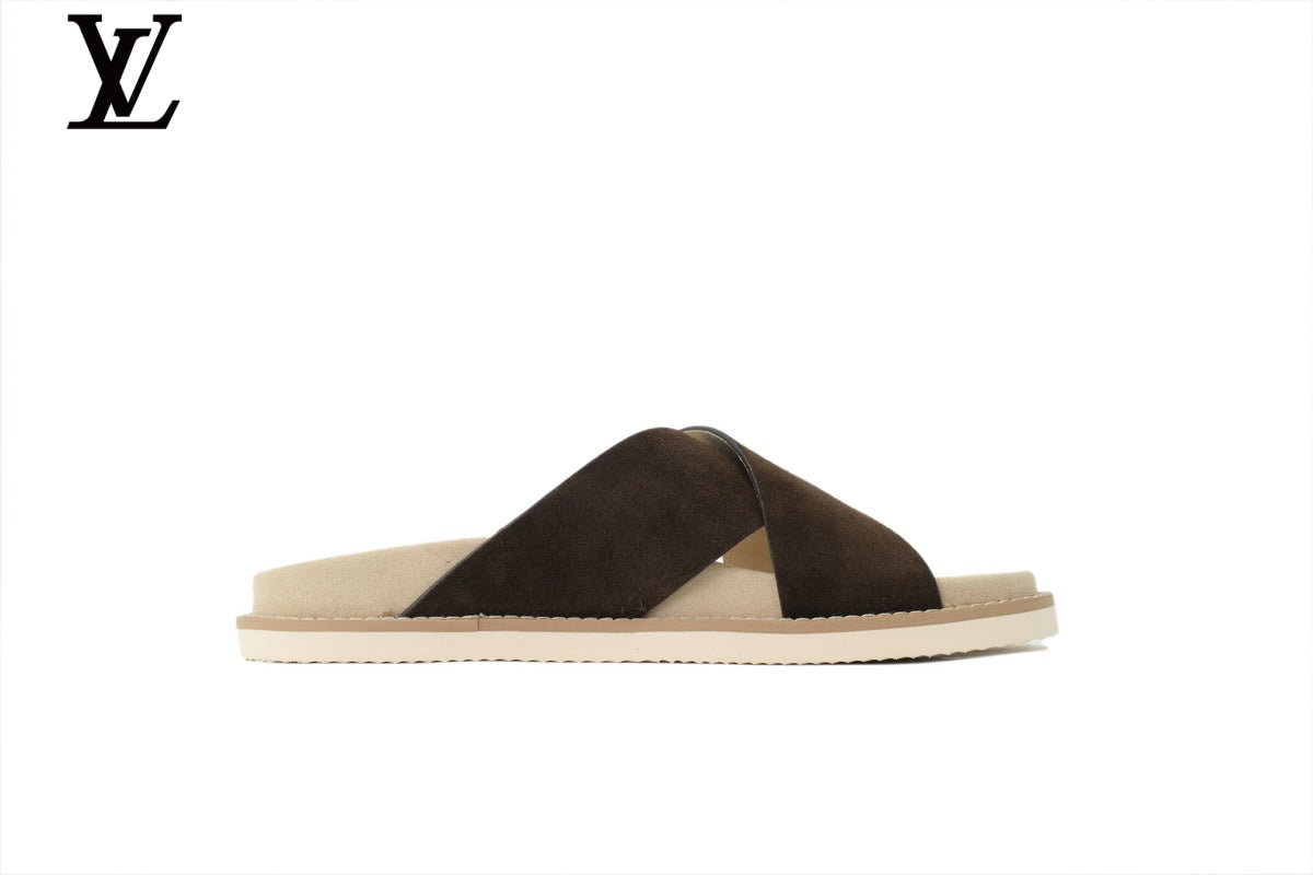 Louis Vuitton Slide Sandal in Dark Brown Suede with Cross Strap