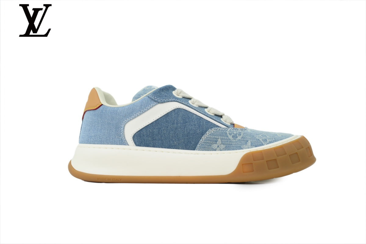 Louis Vuitton Low Top Sneaker in Blue Denim Monogram with Gum Sole