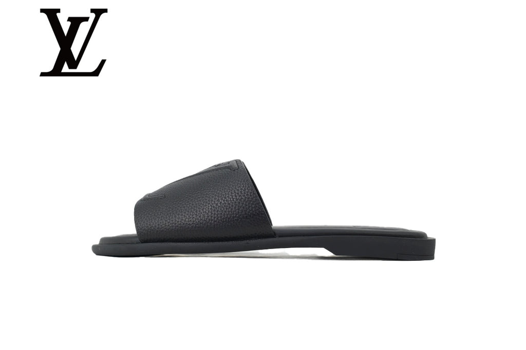 Black Grained Leather-Look Slide Sandals | Sizes 38–46