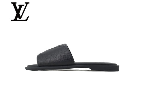 Black Grained Leather-Look Slide Sandals | Sizes 38–46
