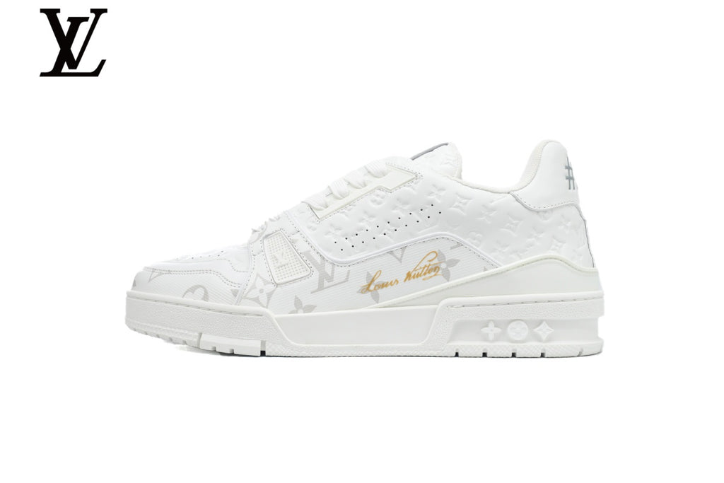 Louis Vuitton Low Top Trainer – White Monogram Embossed Leather & Gold Signature