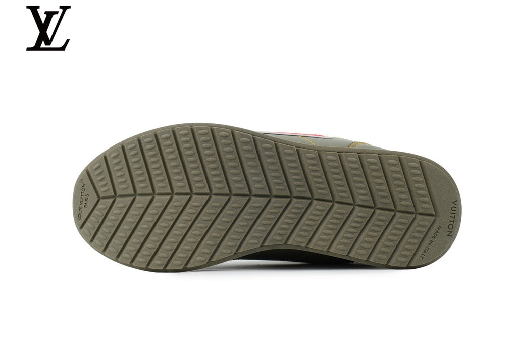 Louis Vuitton Low Top Sneaker in Olive Smooth Leather with Red LV Logo