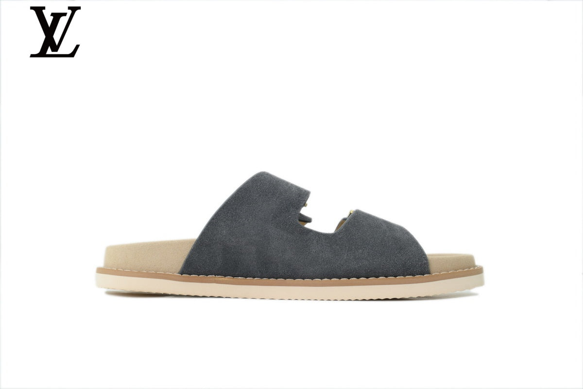 Louis Vuitton Slide Sandal in Grey-Blue Suede with Double Gold Buckle