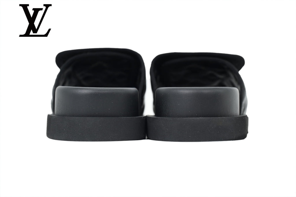 Black Monogram-Pattern Leather-Look Slides | Sizes 35–46