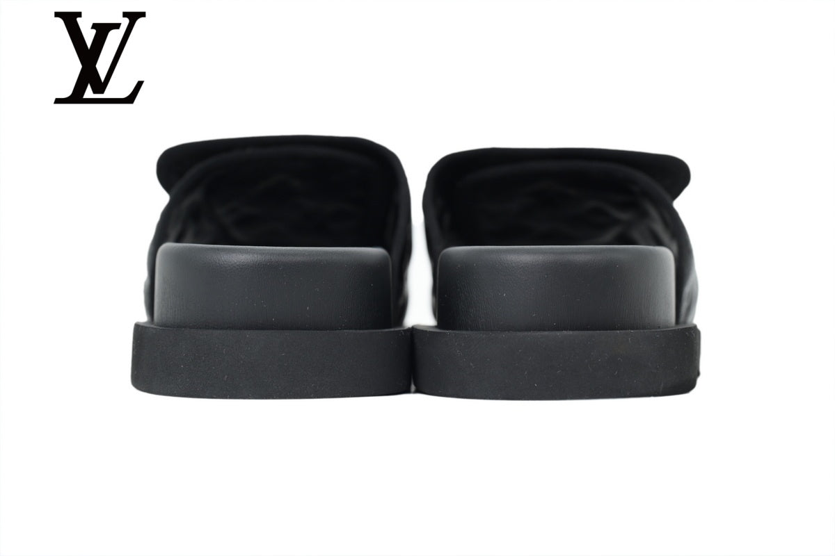 Black Monogram-Pattern Leather-Look Slides | Sizes 35–46