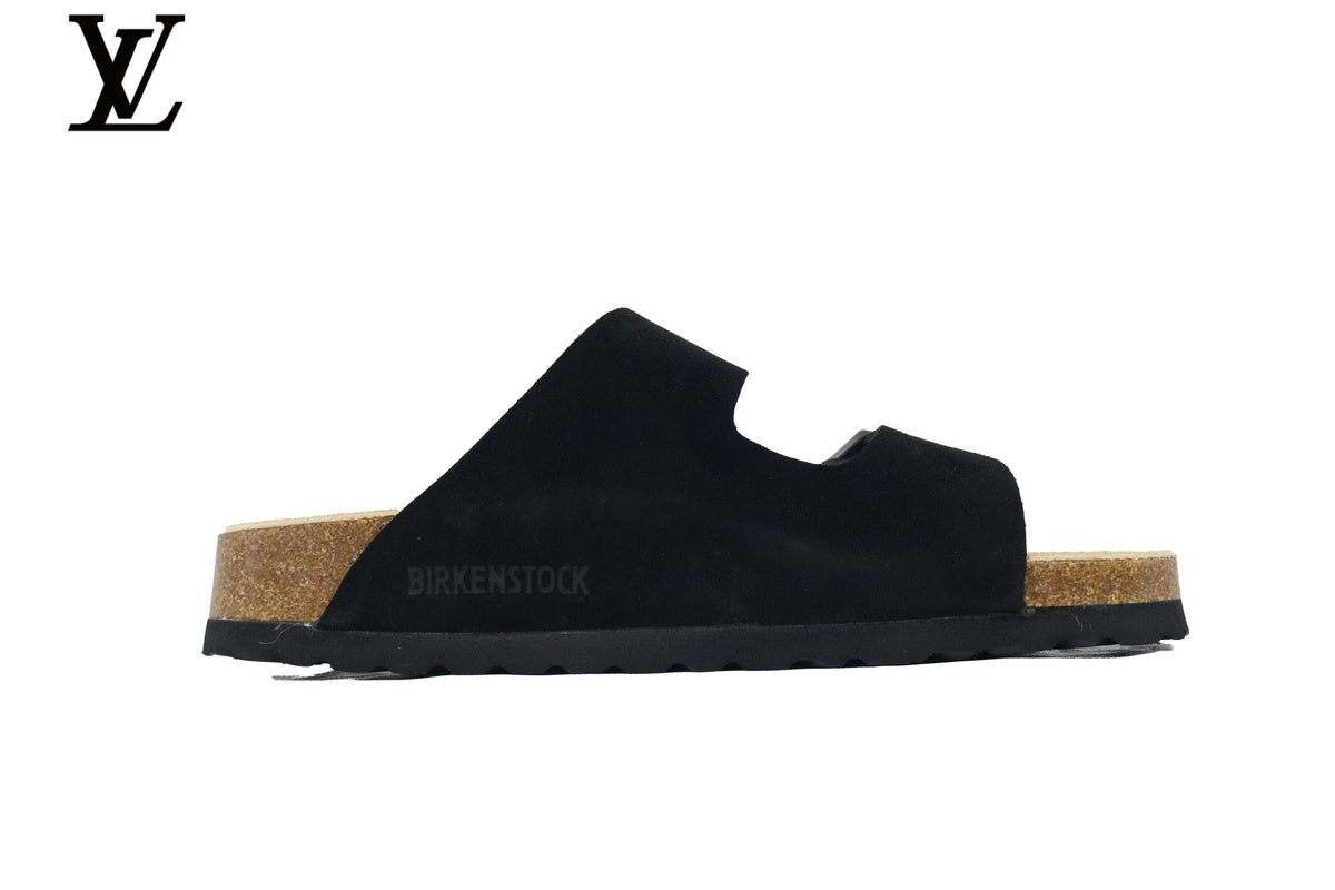 Birkenstock Slide Sandal in Black Suede with Double Buckle and Cork Footbed