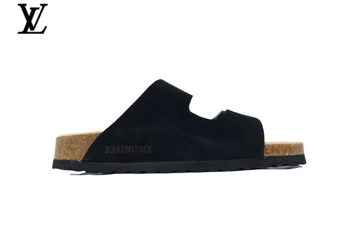 Birkenstock Slide Sandal in Black Suede with Double Buckle and Cork Footbed