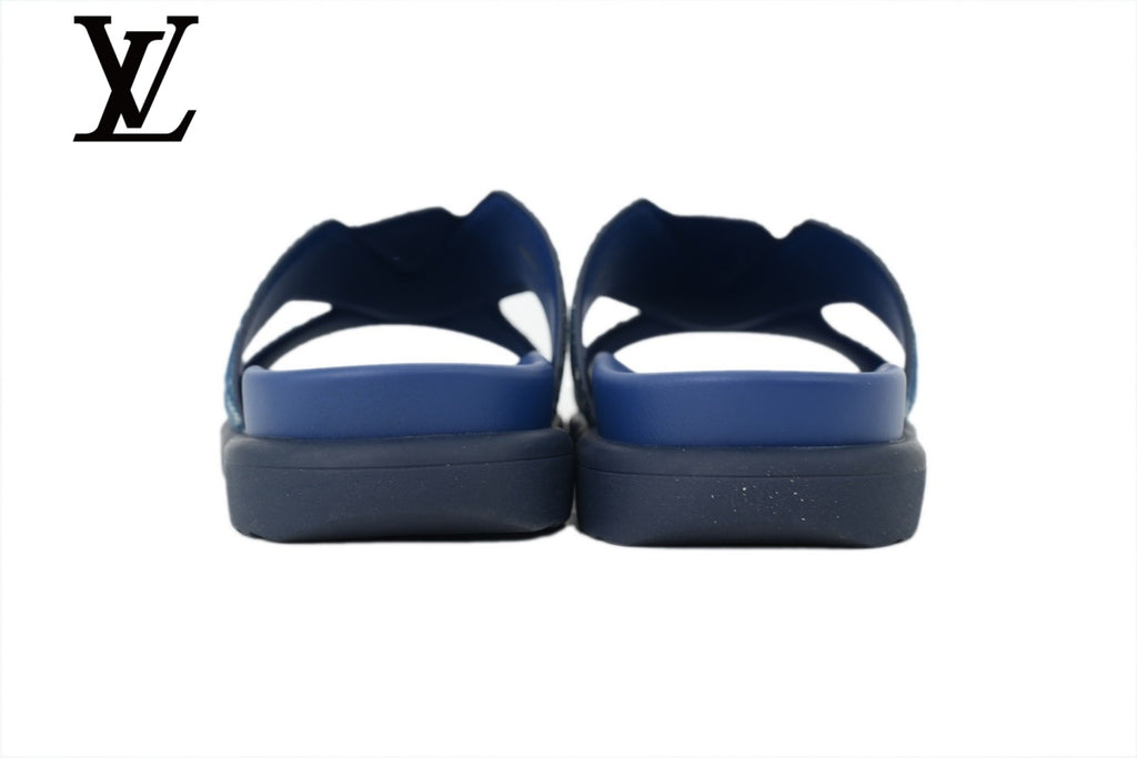 Blue Monogram-Pattern Denim-Look Slides | Sizes 35–46