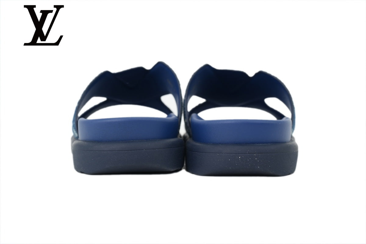 Blue Monogram-Pattern Denim-Look Slides | Sizes 35–46