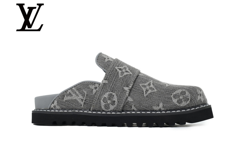 Grey Monogram-Pattern Denim Mules | Sizes 35–46