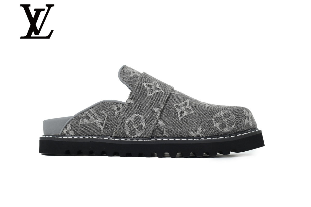 Grey Monogram-Pattern Denim Mules | Sizes 35–46