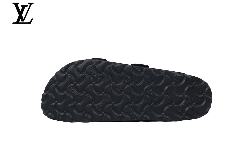 Birkenstock Slide Sandal in Black Suede with Double Buckle and Cork Footbed