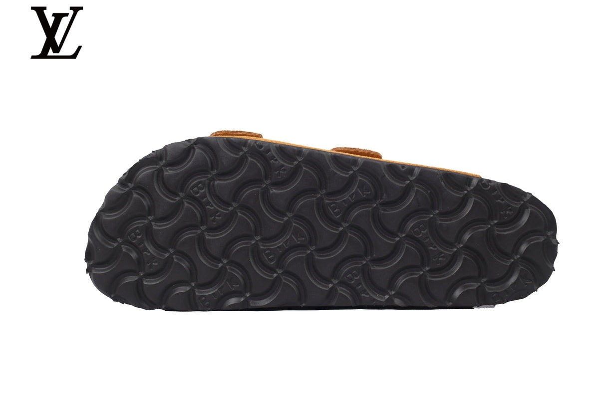 Birkenstock Slide Sandal in Tan Suede with Double Buckle and Cork Footbed