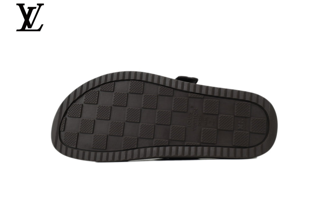Louis Vuitton Monogram Slide Sandal in Dark Brown with Silver Buckle and Double Strap