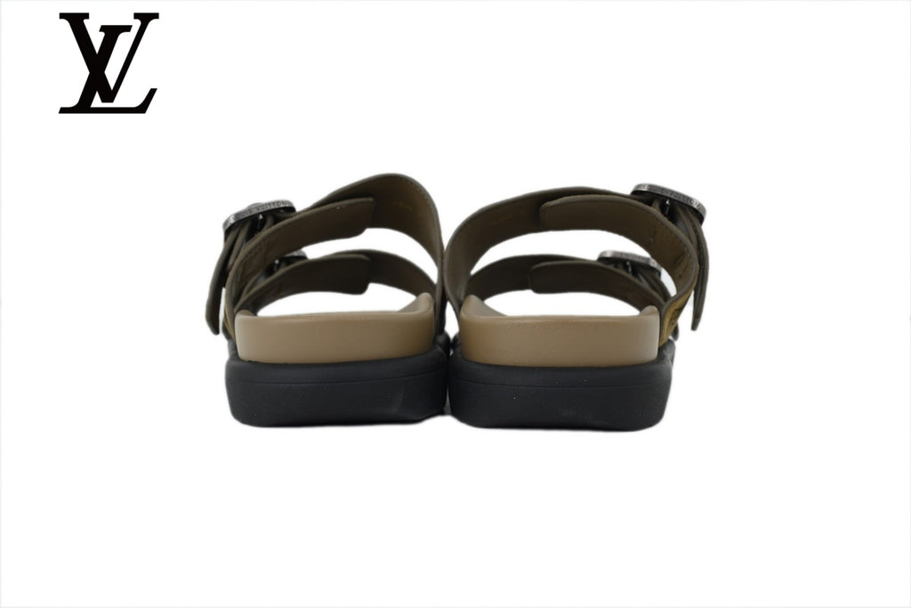 Khaki Monogram-Pattern Suede-Look Double-Strap Slides | Sizes 35–46