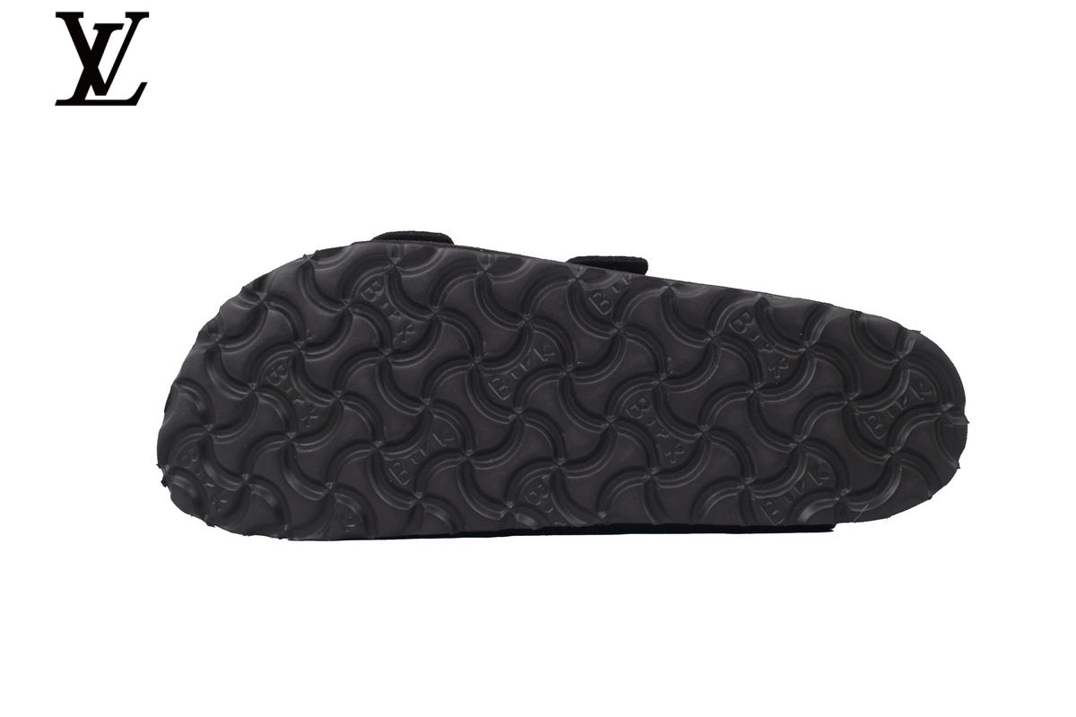 Birkenstock Slide Sandal in Dark Coffee Suede with Double Buckle and Cork Footbed