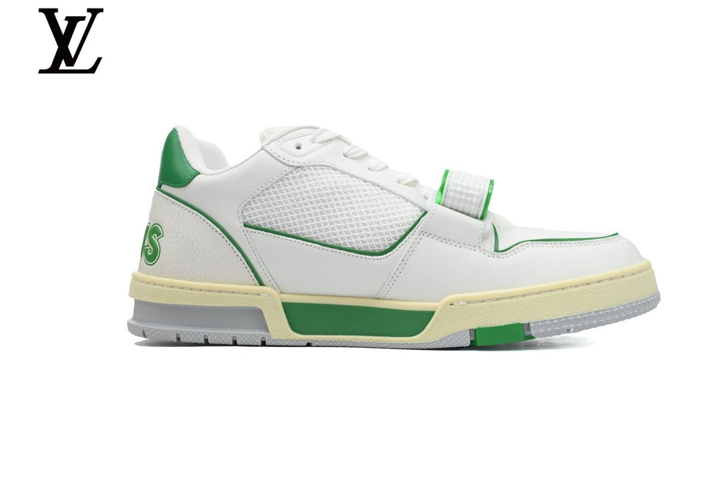 Louis Vuitton Trainer Sneakers - White and Green Mesh & Leather