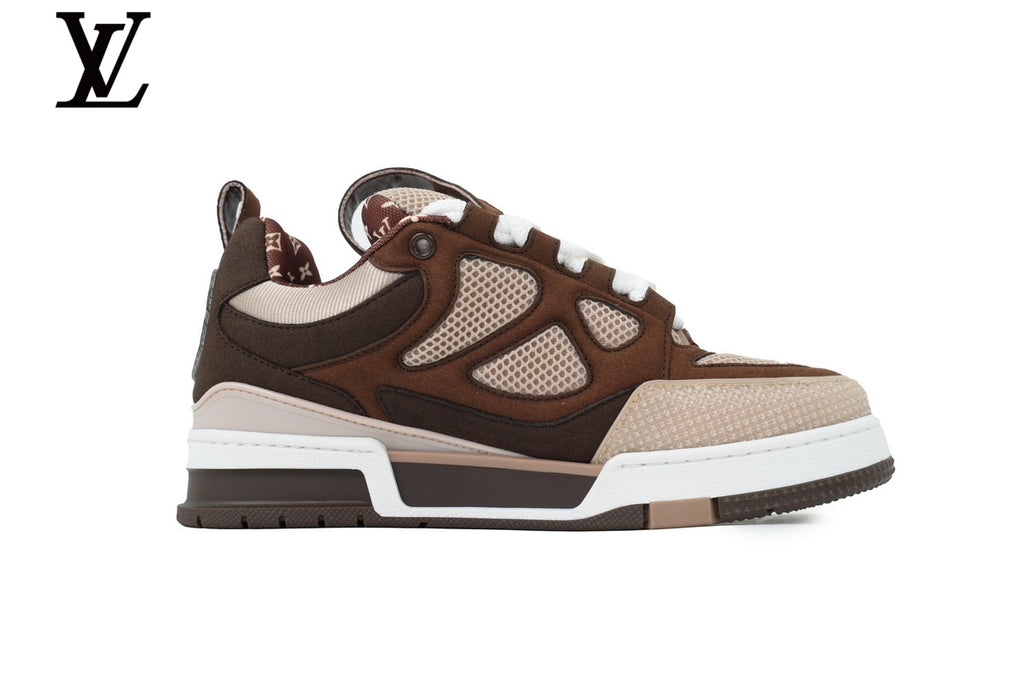 Louis Vuitton Trainer Sneaker – Dark Brown Suede & Mesh with Beige & White