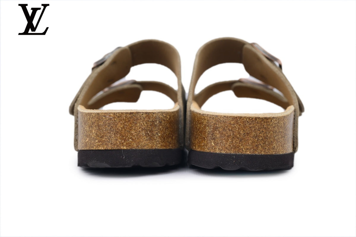 Birkenstock Slide Sandal in Olive Green Suede with Double Buckle and Cork Footbed