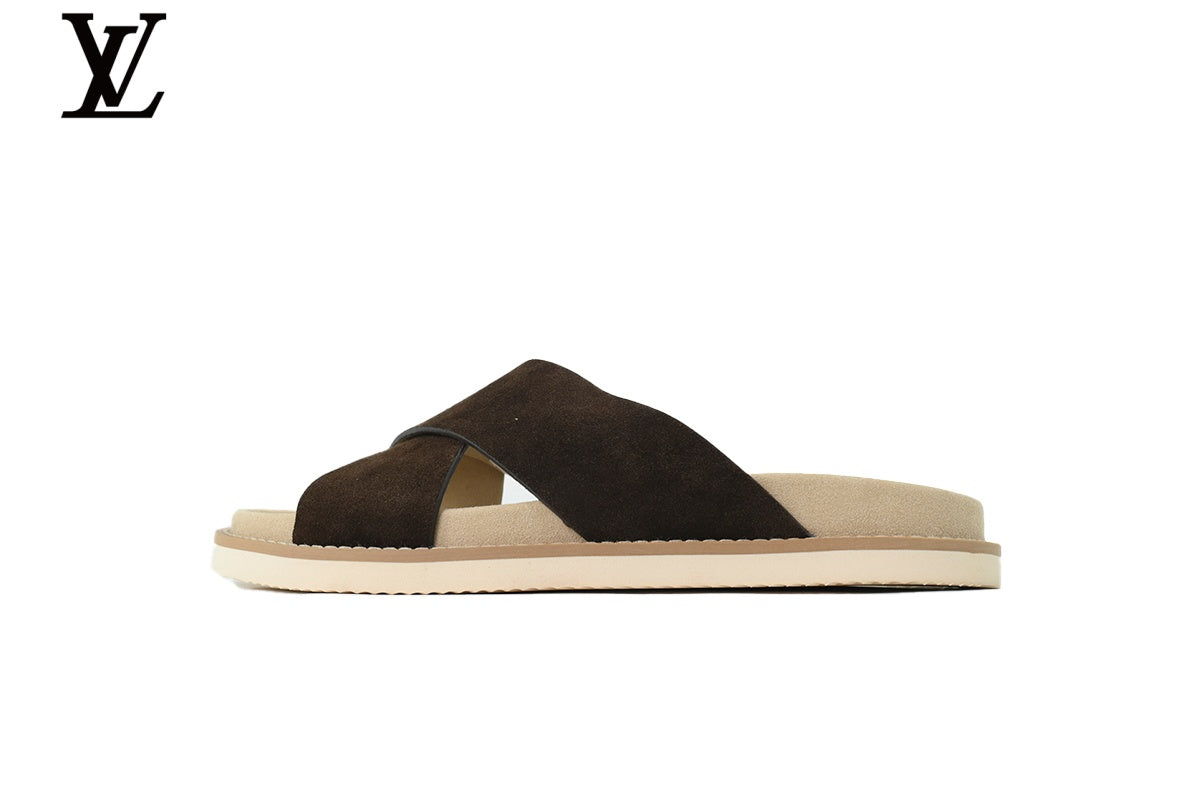 Louis Vuitton Slide Sandal in Dark Brown Suede with Cross Strap