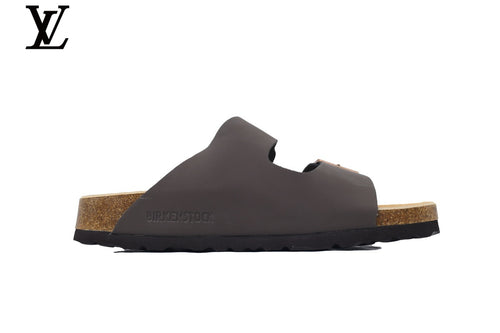 Birkenstock Slide Sandal in Dark Grey with Double Buckle and Cork Footbed