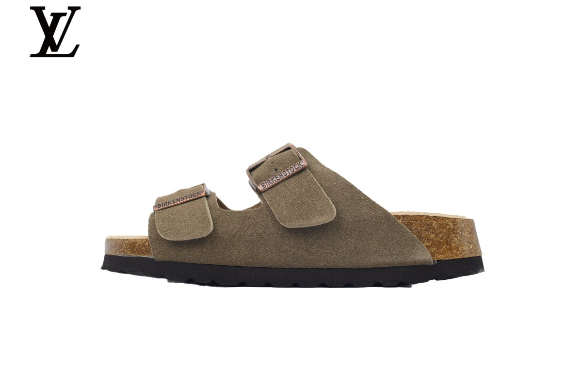 Birkenstock Slide Sandal in Olive Green Suede with Double Buckle and Cork Footbed